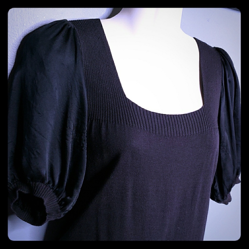 BCBGMaxazria Navy Silk Puff Sleeve Cotton Sweater